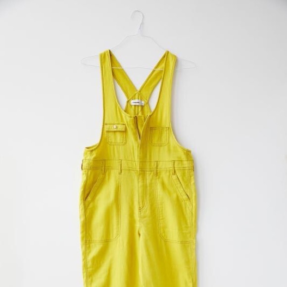 Urban Outfitters Camille Linen Blend Zip Up Chartreuse Overalls Size Small Shrek - Picture 5 of 6